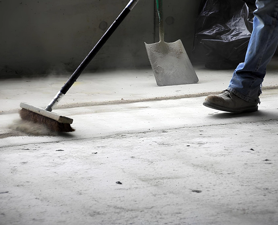 Mitarbeiter fegt den Boden auf der Baustelle